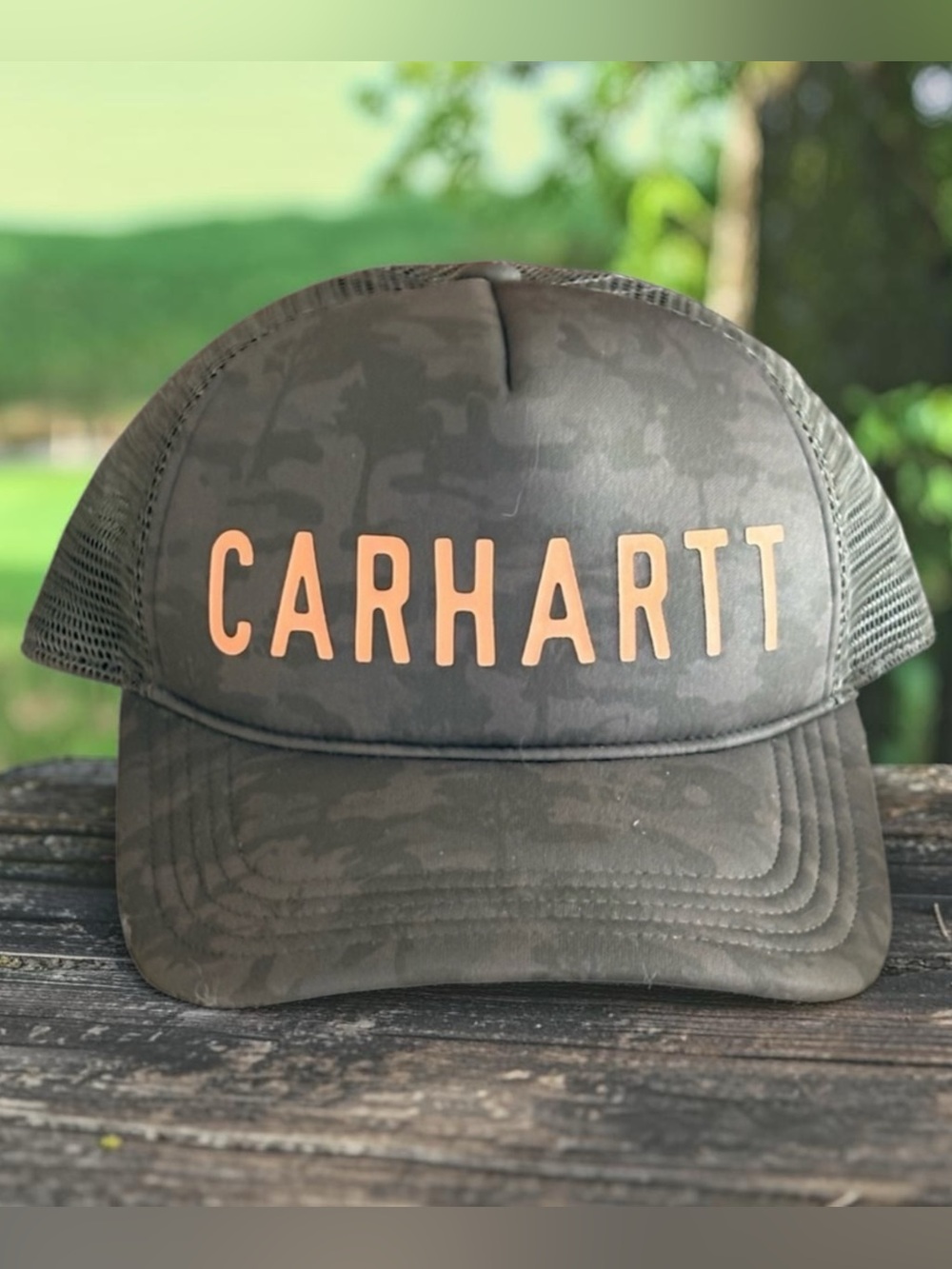 Carhartt Olive Camo Mesh Hat with Peach Logo